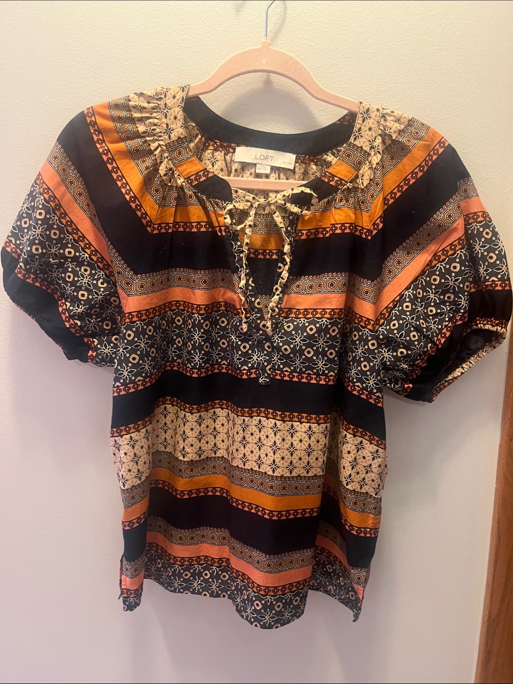 LOFT Navy Peasant Blouse with Orange and Cream Stripes